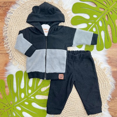 Conj. Jaqueta com Capuz Little Bear e Calça Boucle - Preto e Cinza